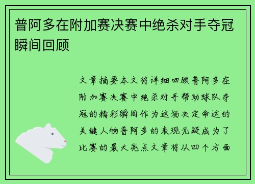 普阿多在附加赛决赛中绝杀对手夺冠瞬间回顾